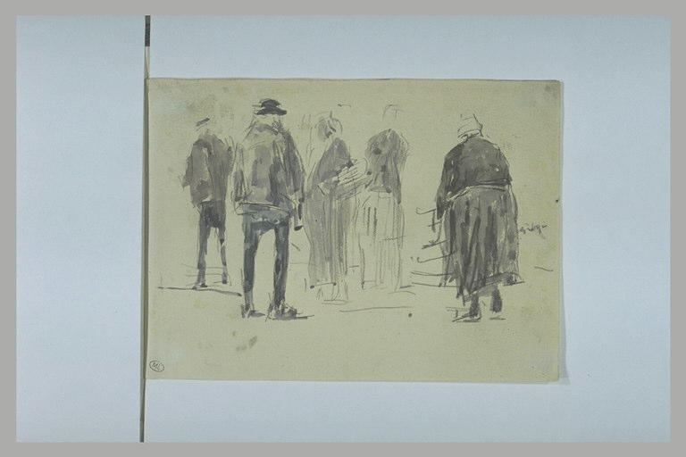 Homme et femme, debout, vu de dos, et trois autres figures, debout