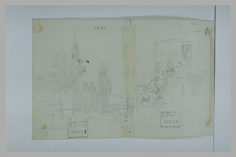 Vue d'un village, et études de personnages