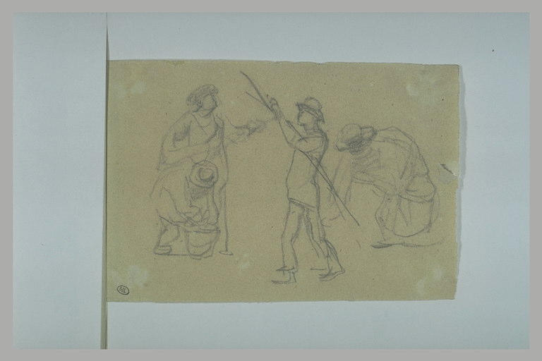 Homme portant une baguette ; femme et enfant courbé ; femme penchée