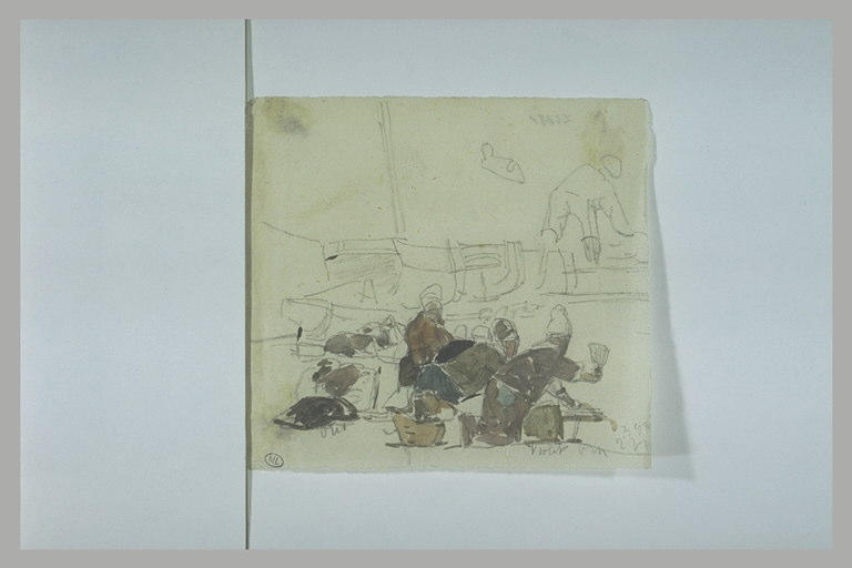 Laveuses au bord d'une rivière ; croquis de barque ; marin