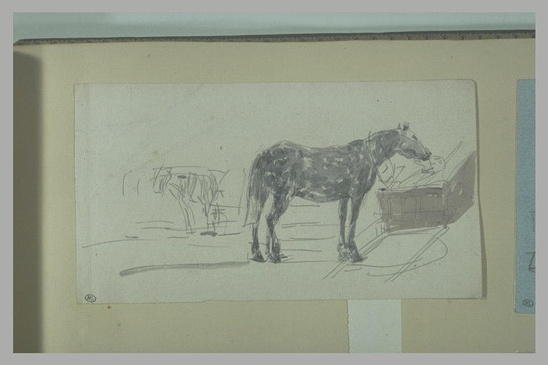 Cheval près d'une charrette, un brancard à terre