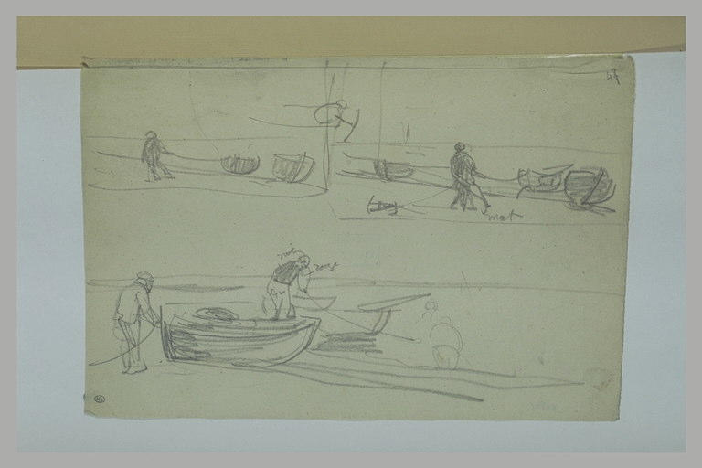 Trois études d'homme tirant une barque à sec