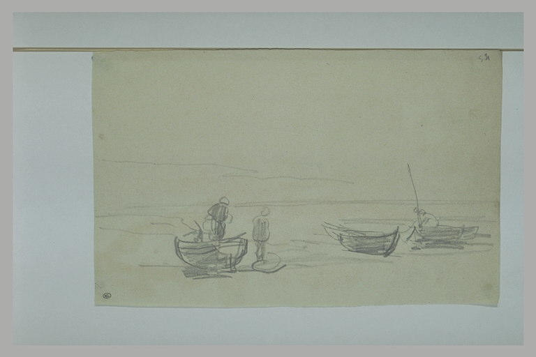 Personnages auprès de barques échouées, sur la grève, à marée basse