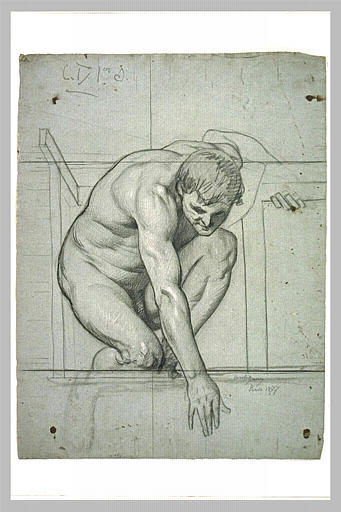 Homme accroupi, se penchant en avant