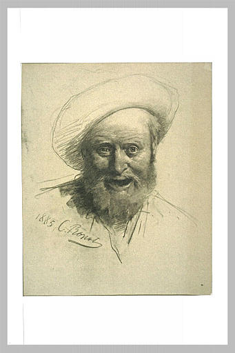 Homme coiffé d'un feutre, vu de face, le visage hilare