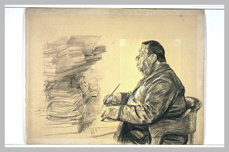 Gros homme assis dans un fauteuil, devant une table, tenant un porte-plume