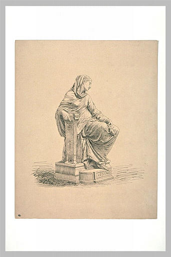 Femme vêtue à la romaine assise, tenant à la main une petite amphore