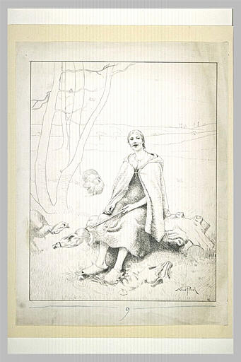 Jeune bergère assise sur un tronc d'arbre