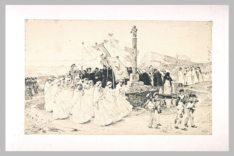 Procession autour d'une croix de pierre