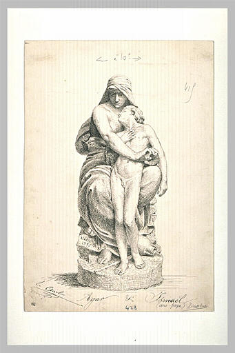 Statue de femmes assise, tenant dans ses bras un enfant : Agar et Ismaël