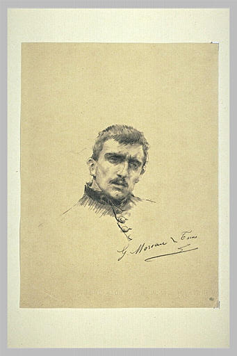 Tête d'un jeune militaire, vue de face, inclinée vers la droite