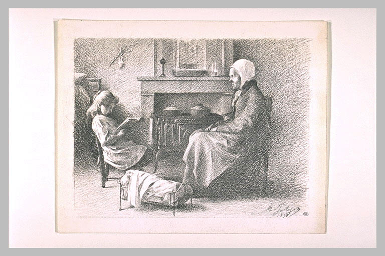 Vieille paysanne et fillette se faisant face, à côté d'un fourneau