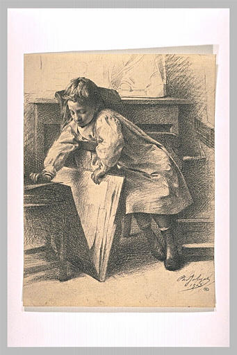 Petite fille, assise, ouvrant un carton d'estampes