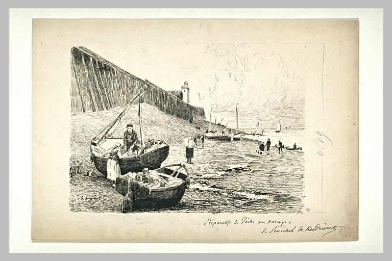 Barques échouées sur une grève découverte par la mer et différentes figures