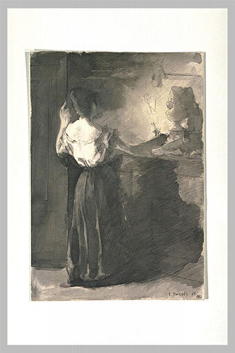 Femme en déshabillé allumant une lampe