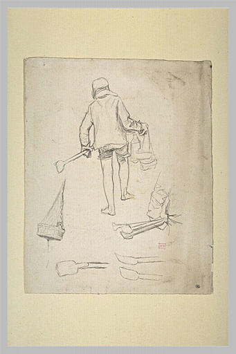 Homme de dos, en pantalon court et casquette, tenant des filets et une pelle