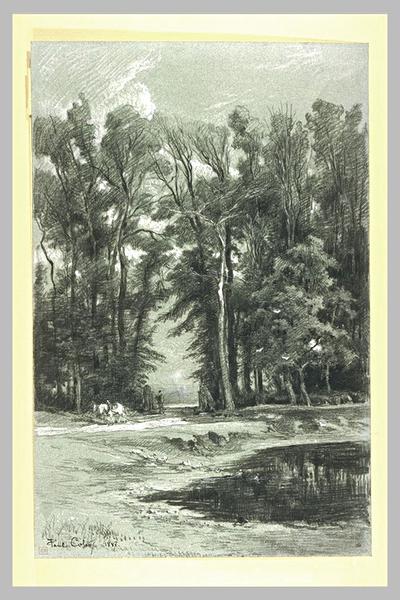 Paysan labourant au bord d'un étang, en lisière de bois