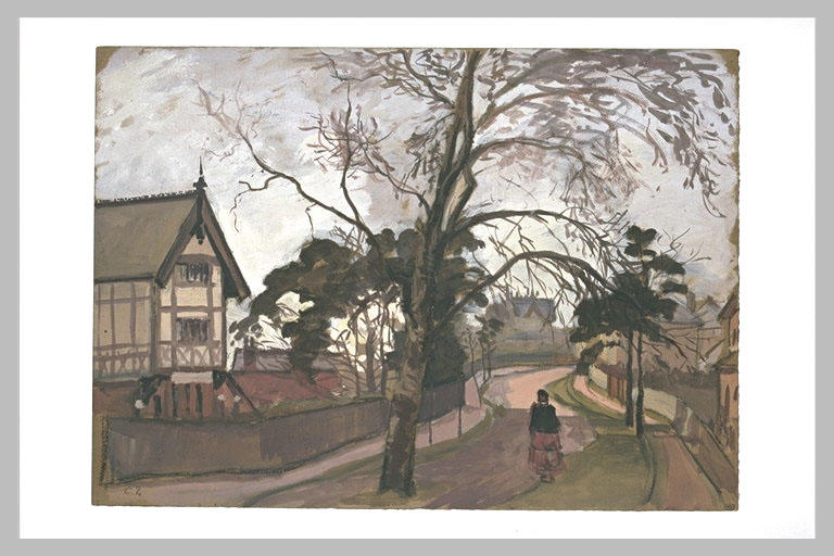 Route des environs de Londres avec chalet à gauche