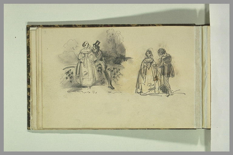 Scène entre un homme et une femme, et ébauche de personnages