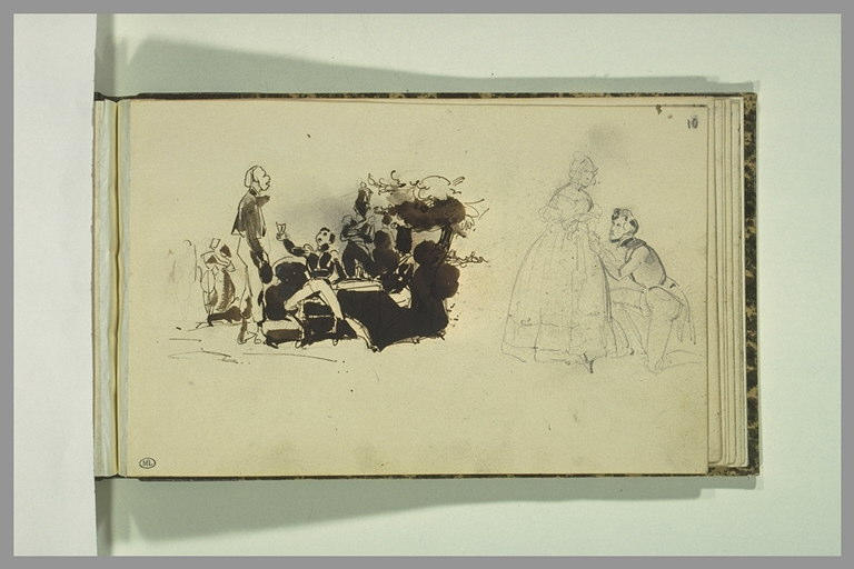 Croquis d'un homme à genoux devant une femme, et scène de taverne