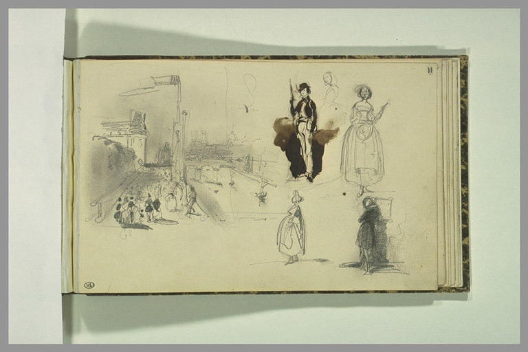 Croquis de promeneurs sur des quais et cinq personnages