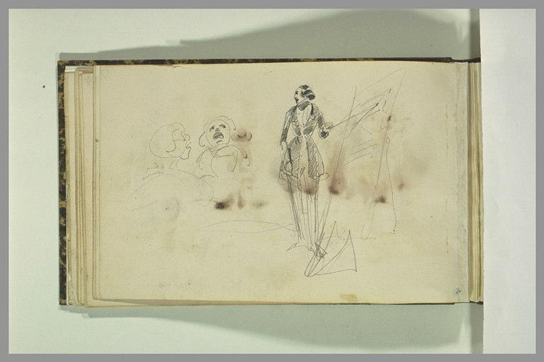 Un personnage debout, et deux croquis de visage