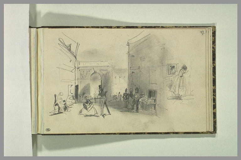 Personnages près de la porte d'une ville, et croquis d'une figure féminine