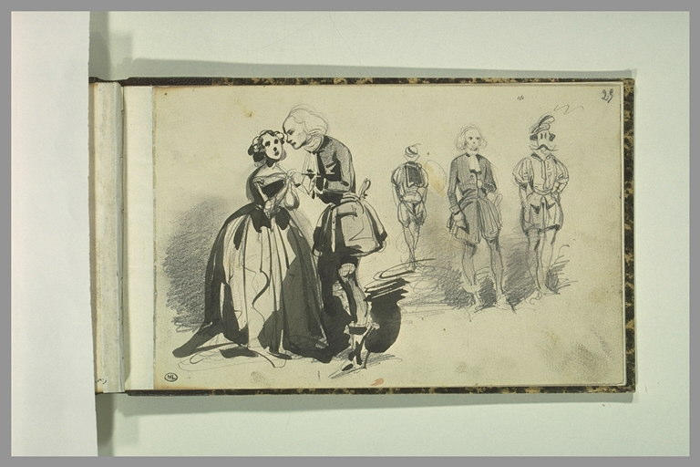 Un homme et une femme se tenant par la main, et trois croquis de figures