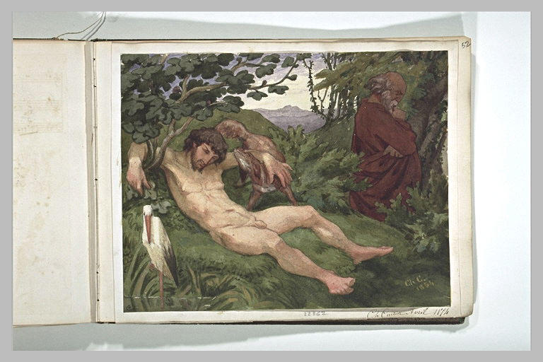 Homme nu, étendu dans un paysage, et un autre lui tournant le dos, méditant