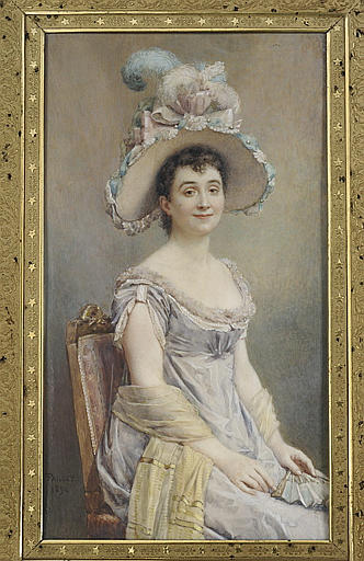 Femme assise sur une chaise, tenant un éventail sur ses genoux