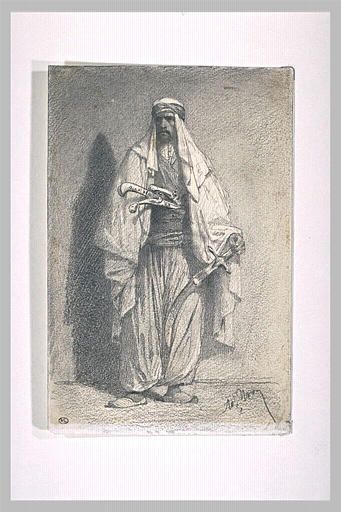 Arabe debout, tenant un cimeterre de sa main gauche, poignard à la ceinture