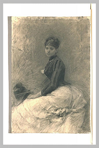 Portrait de femme assise, de profil vers la gauche, le visage de face