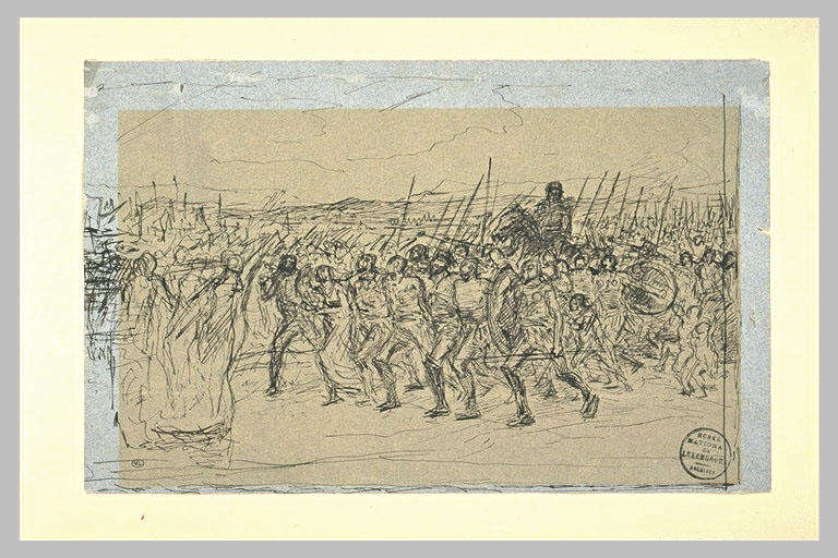 Guerriers défilant, en marche vers la gauche