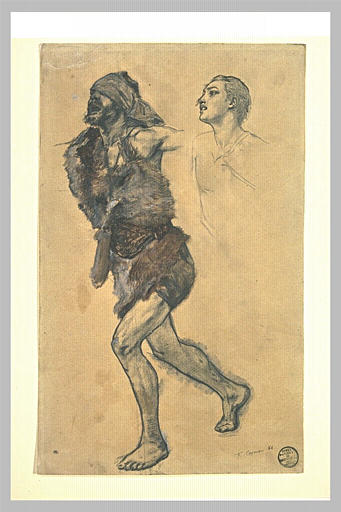 Homme vêtu de peaux de bête, marchant, et figure de jeune homme