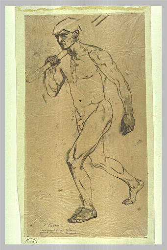 Homme nu, portant un bâton sur l'épaule, marchant