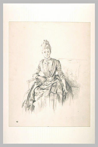 Dame assise dans un fauteuil, de face, le bras droit replié