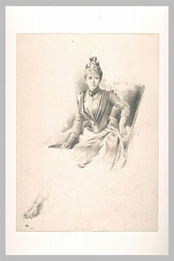 Dame assise, vue de face, ramenant son bras gauche en arrière