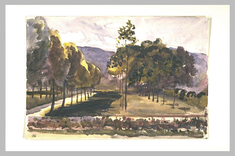 Paysage : jardin séparé par un mur d'une pelouse ombragée d'arbres