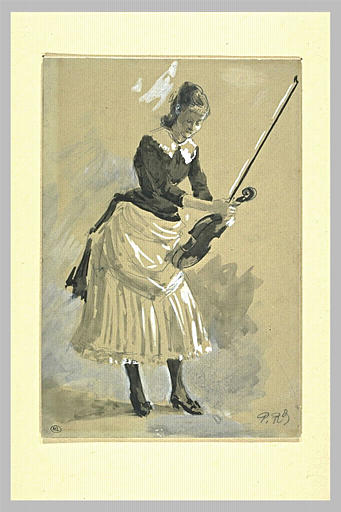 Jeune fille debout, corsage noir et jupe blanche, accordant son violon