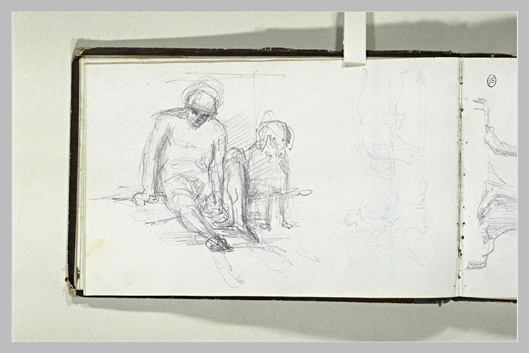 Homme assis à terre, un chien près de lui ; croquis