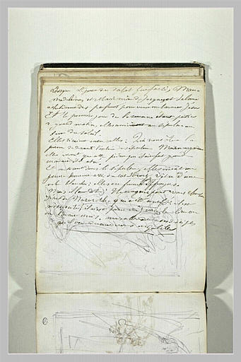 Etude d'une figure ailée ; longue note manuscrite