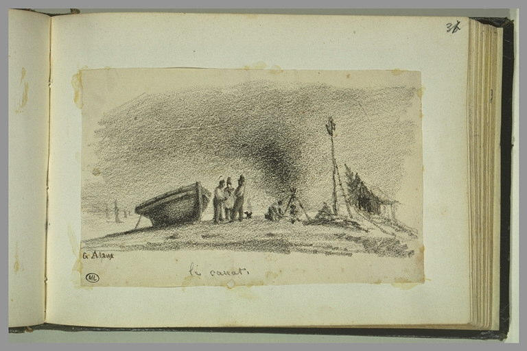 Sur le bord d'une plage, personnage autour d'une barque