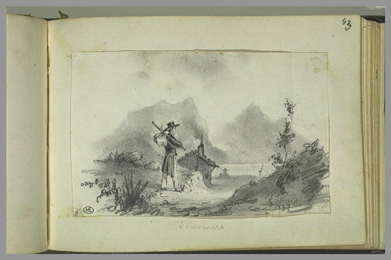 Promeneur devant un paysage avec des montagnes et un lac