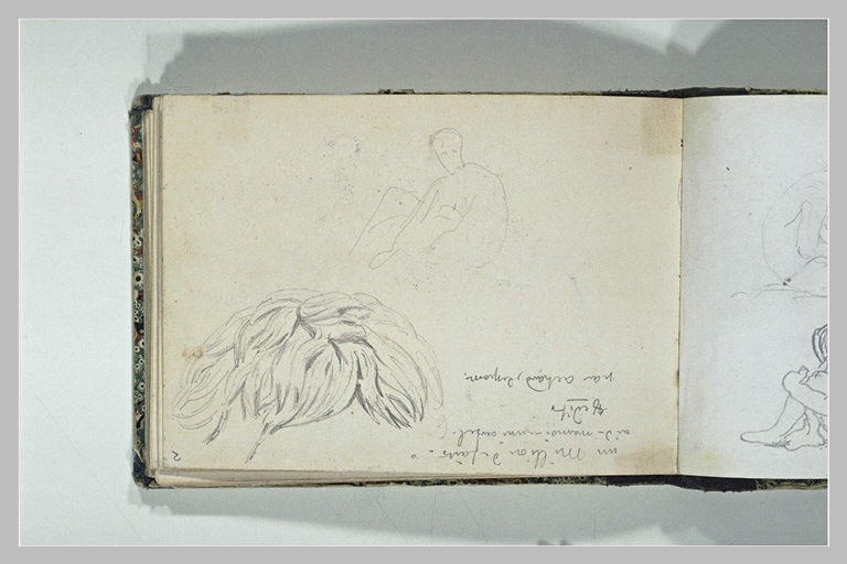 Esquisse d'une figure assise ; cheveux ; note manuscrite
