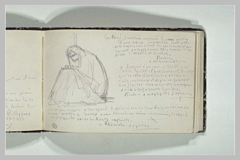Figure drapée, assise ; note manuscrite