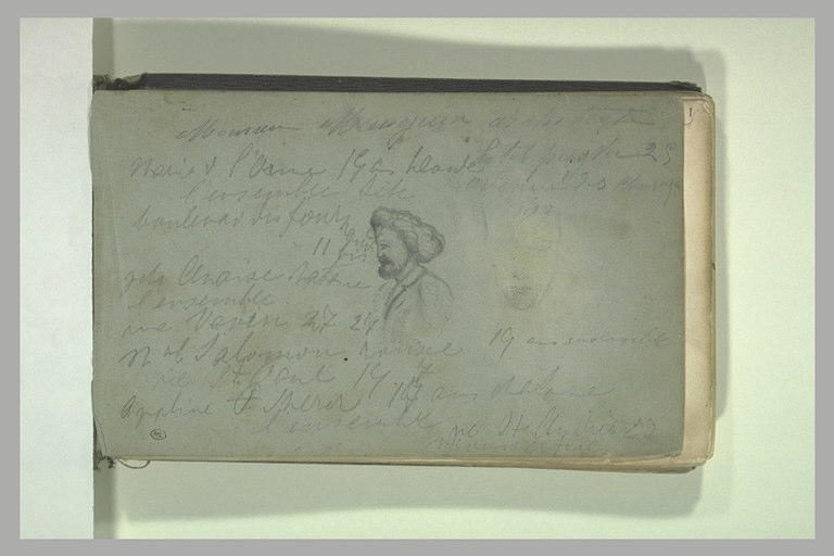 Portrait d'un oriental vu de profil à gauche, et notes manuscrites