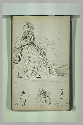 Femme en robe de profil à gauche, et homme portant un chapeau