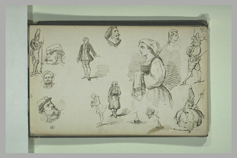 Etudes de personnages en costumes divers, et deux petites barques
