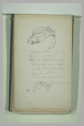 Deux rubans noués sur des coiffes, et annotation