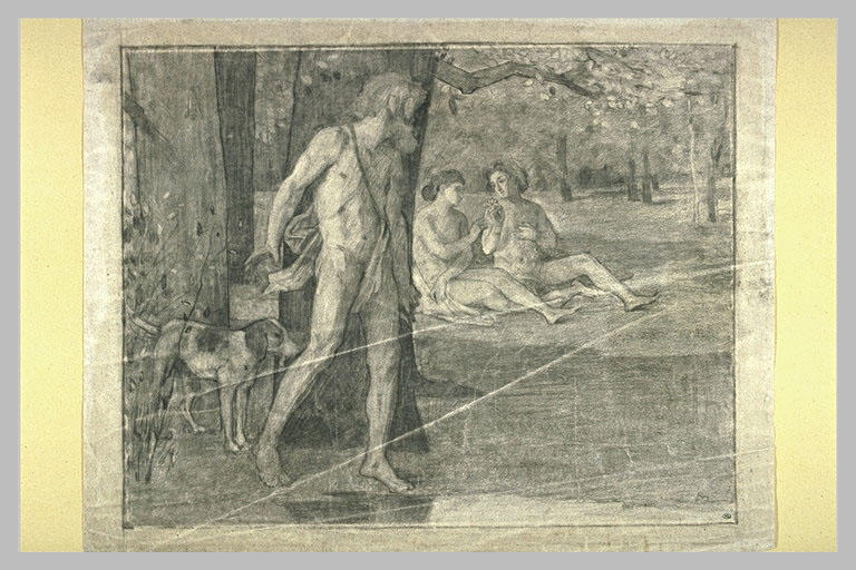 Homme nu, caché derrière un arbre, épiant un couple nu